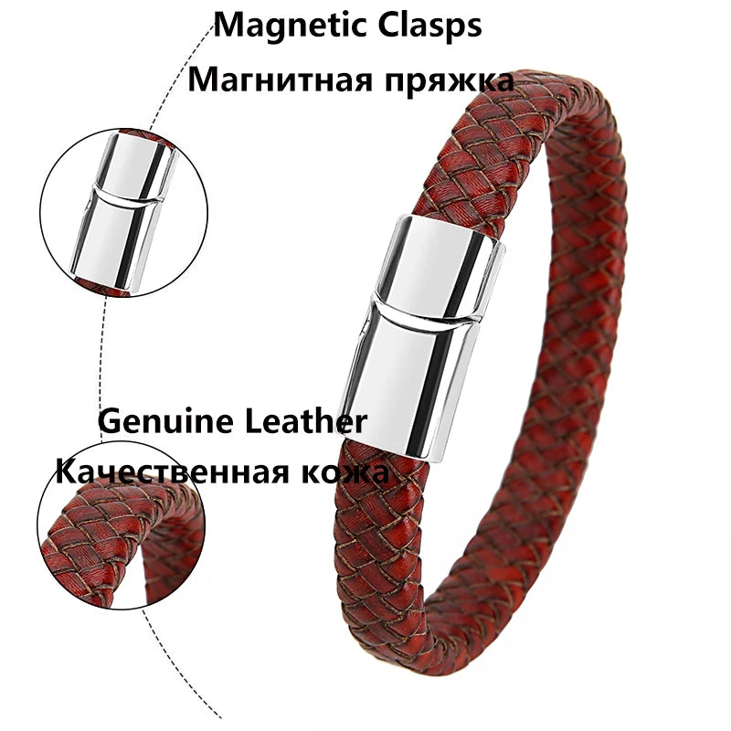 Mibrow Braided Black Leather Men Bracelet 10x5 12x6mm Size Fashion Metal Magnetic Clasp Wrap Bracelets Punk Charm Men Jewelry