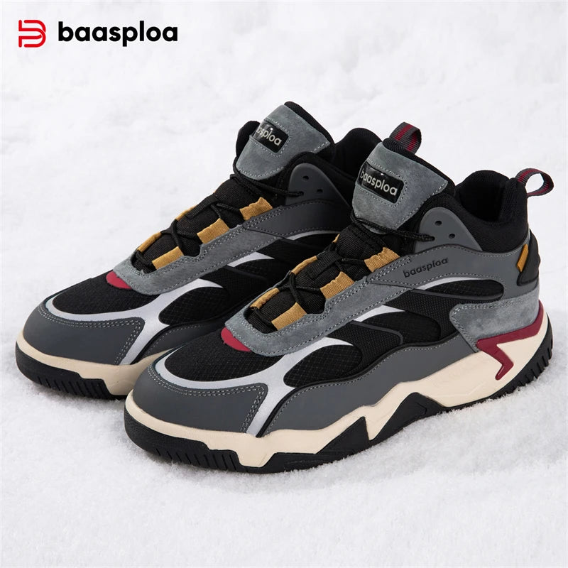 Baasploa Winter Men Shoes Fashion Plush Warm Waterproof Leather Sports Shoes Male Casual Outdoor Non-Slip Lace up Walking Shoes