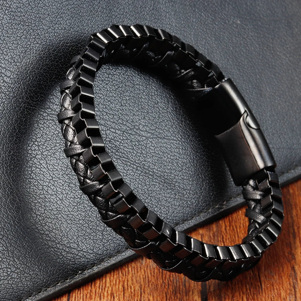 Classic Stainless Steel Leather Bracelet For Mens Chain Wristband Business Charm Jewelry Accessories for Dad Boyfriend