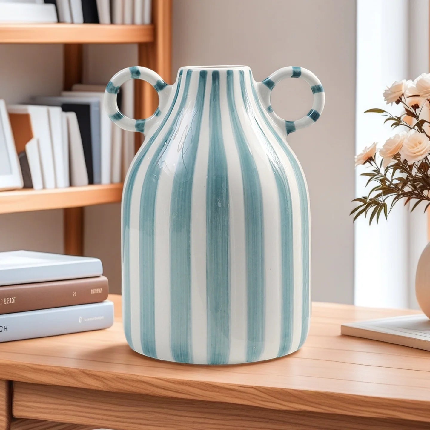 Nordic Style Art Vase Ornament Double Ear Striped Ceramic Vase Hydroponic Flower Cutting Bottle Home Decoration Flowerpot