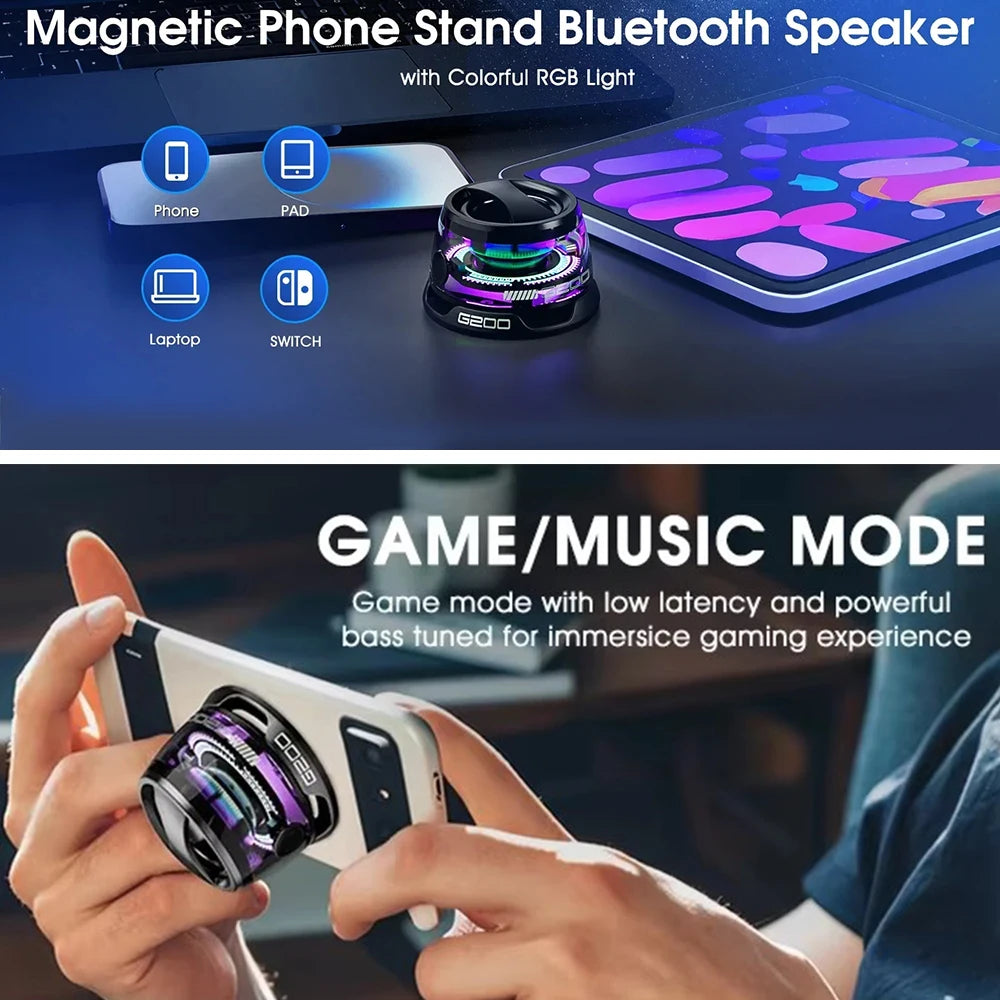 Outdoor Magnetic Bluetooth5.3 Speaker Wireless Portable Mini Travel Stereo Speaker with RGB Color Light and Phone Holder for Ios