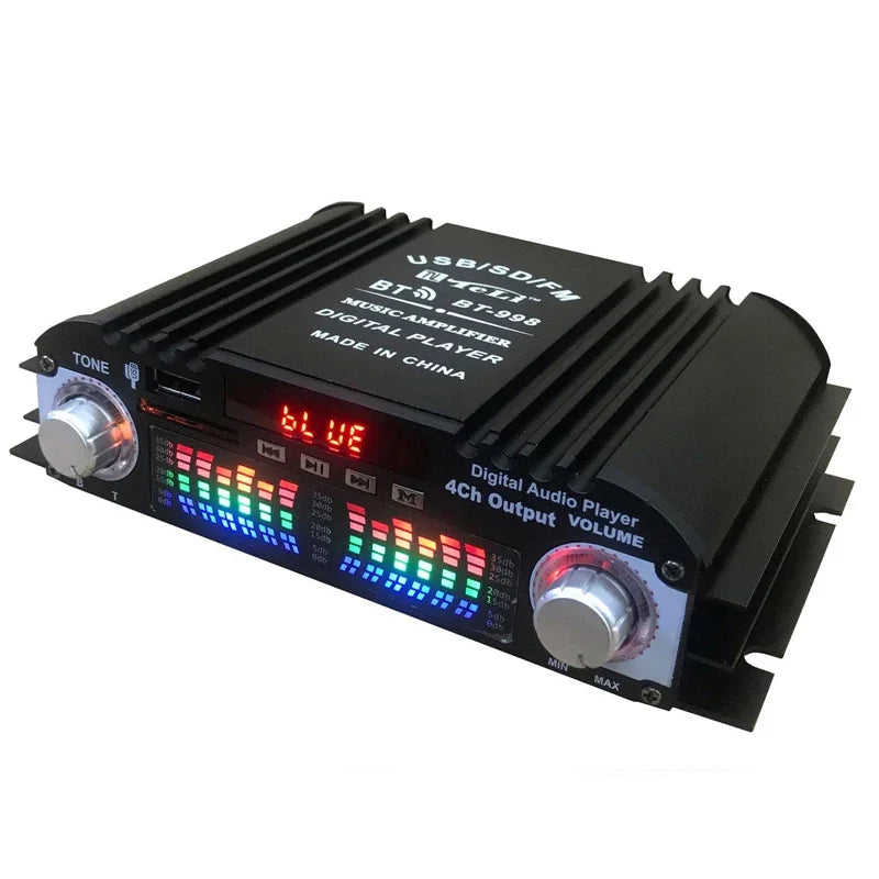 12V/220V Mini Bluetooth HiFi Power Amplifiers Stereo Car Home Audio Digital Sound Amplifier LCD Display FM SD USB Bass