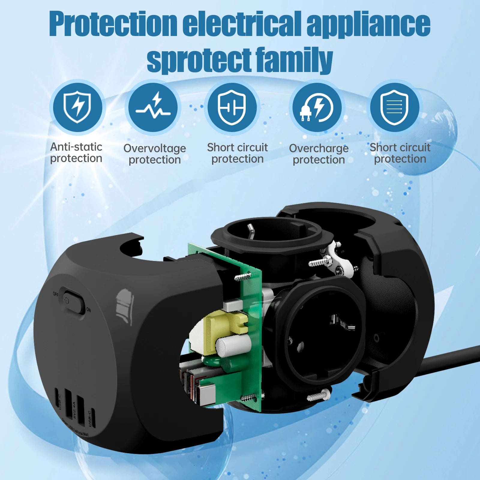 Eu plug multi-functional wall socket 4AC+4USB smart fast charging with multiple safety protections, suitable for family travel