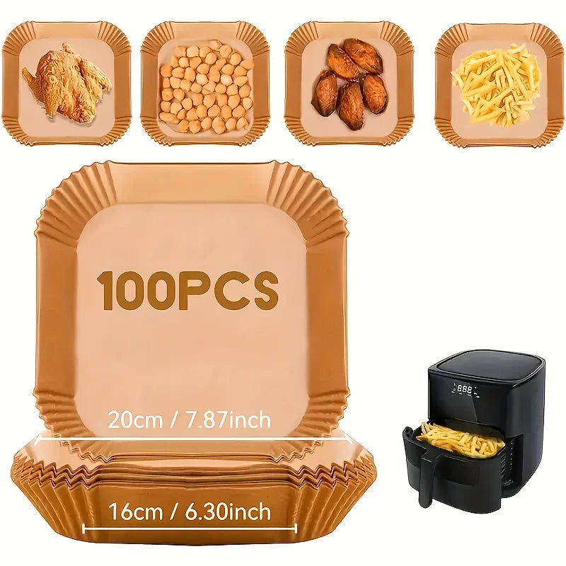 100 non-stick air fryer liners - high-quality single-layer paper with grooved edges, ensuring safe cooking, easy cleaning