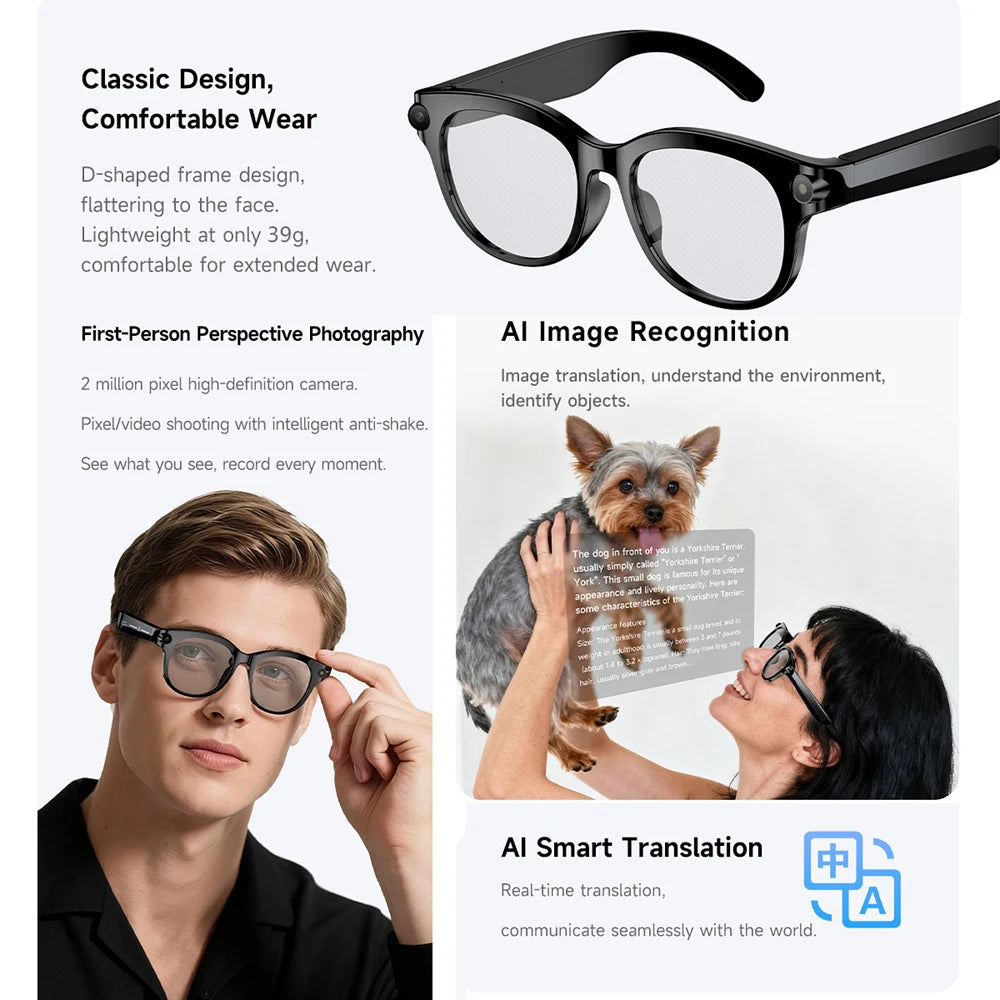 AI Smart Glasses Real-time Translation Dual Camera Bluetooth Call Sunglasses Shoot Audio Video Music Player Multifunctional Men