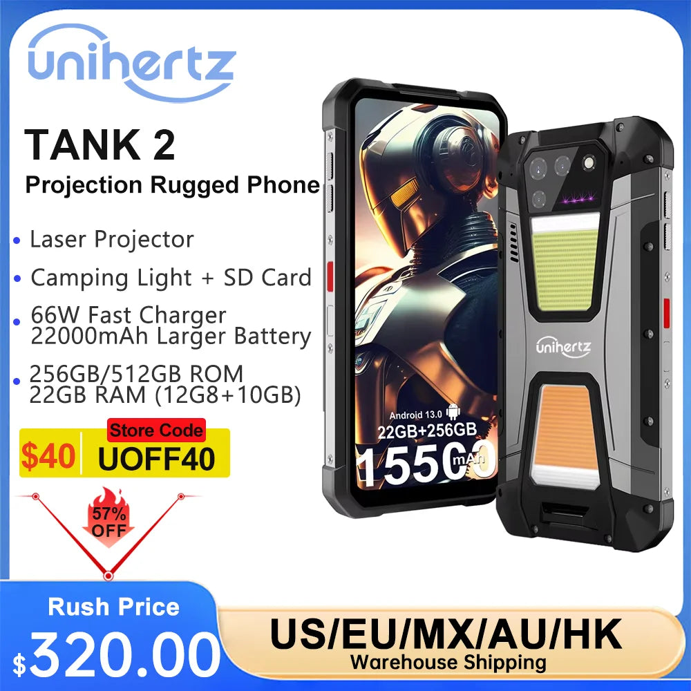 Unihertz TANK 2 Projector phone 22GB 256/512GB 32MP 108MP 64MP Night Vision Double Camping Light 15500mAh G99 Support TF SD NFC
