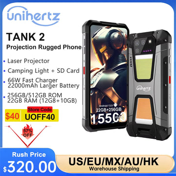 Unihertz TANK 2 Projector phone 22GB 256/512GB 32MP 108MP 64MP Night Vision Double Camping Light 15500mAh G99 Support TF SD NFC