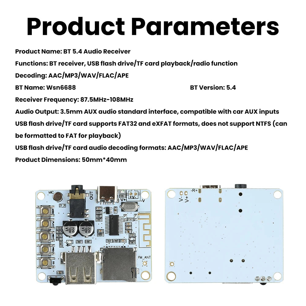 Bluetooth 5.4 Audio Receiver Board with USB/TF Playback Lossless Decoding AAC MP3 WAV FLAC APE for Car AUX DIY Power Supply