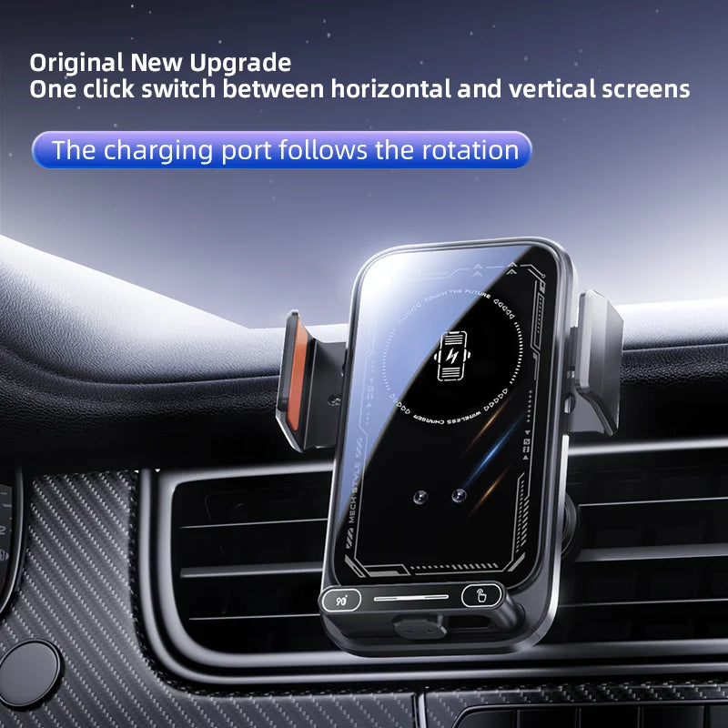 15W Wireless Car Charger with Infrared Sensor Auto Clamping Vent Mount One-Touch Rotation for Secure Fast Charging