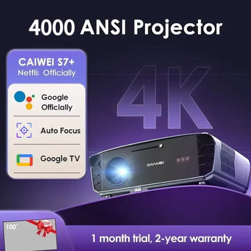 CAIWEI S7+ 4K Ultra HD Projector Video 4000 ANSI Home Theater Android for Movies Auto Focus Smart TV Beam Projectors for Outdoor