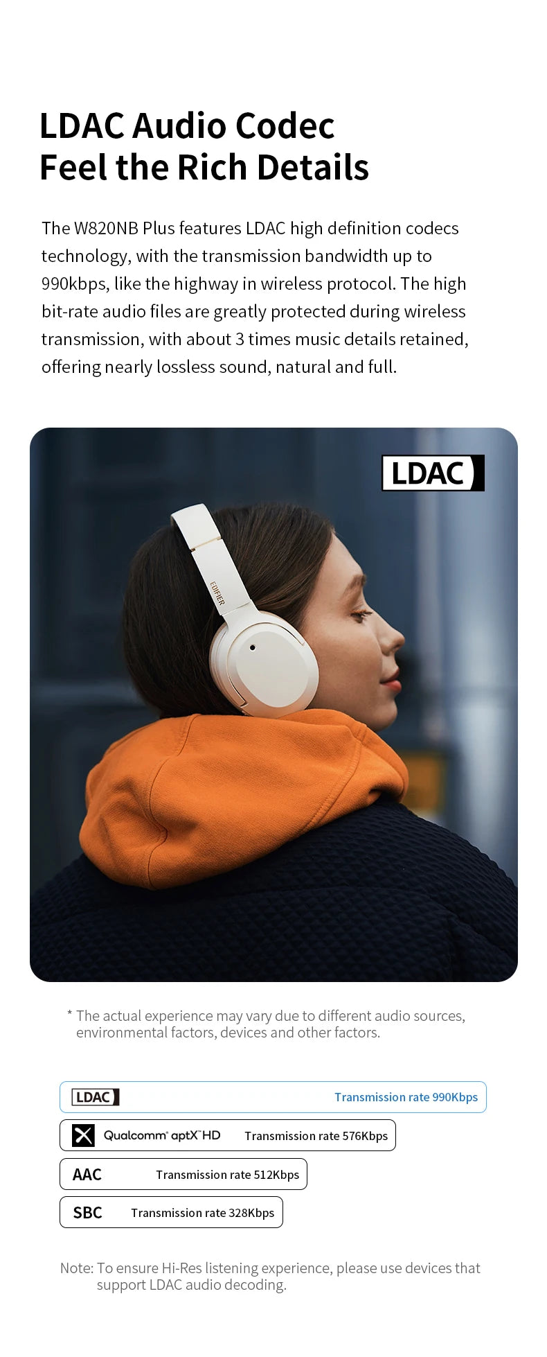 Edifier W820NB Plus Wireless Noise Cancelling Headphones 49hrs Playtime 43dB ANC Hi-Res LDAC Codec Over-Ear Bluetooth Headset