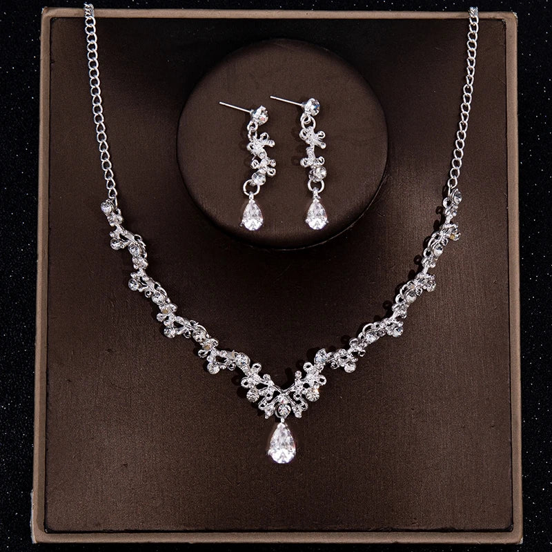Bridal Headwear Luxury Silver-Color Crystal Water Drop Rhinestone Tiara Necklace Earrings Wedding 4 Pcs Jewelry Set