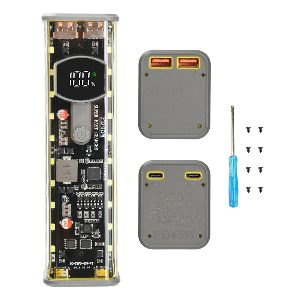 8*18650 Power Bank Battery Case 22.5W PD 45W Fast Charging Battery Storage Box Welding Free USB+Type-C Port