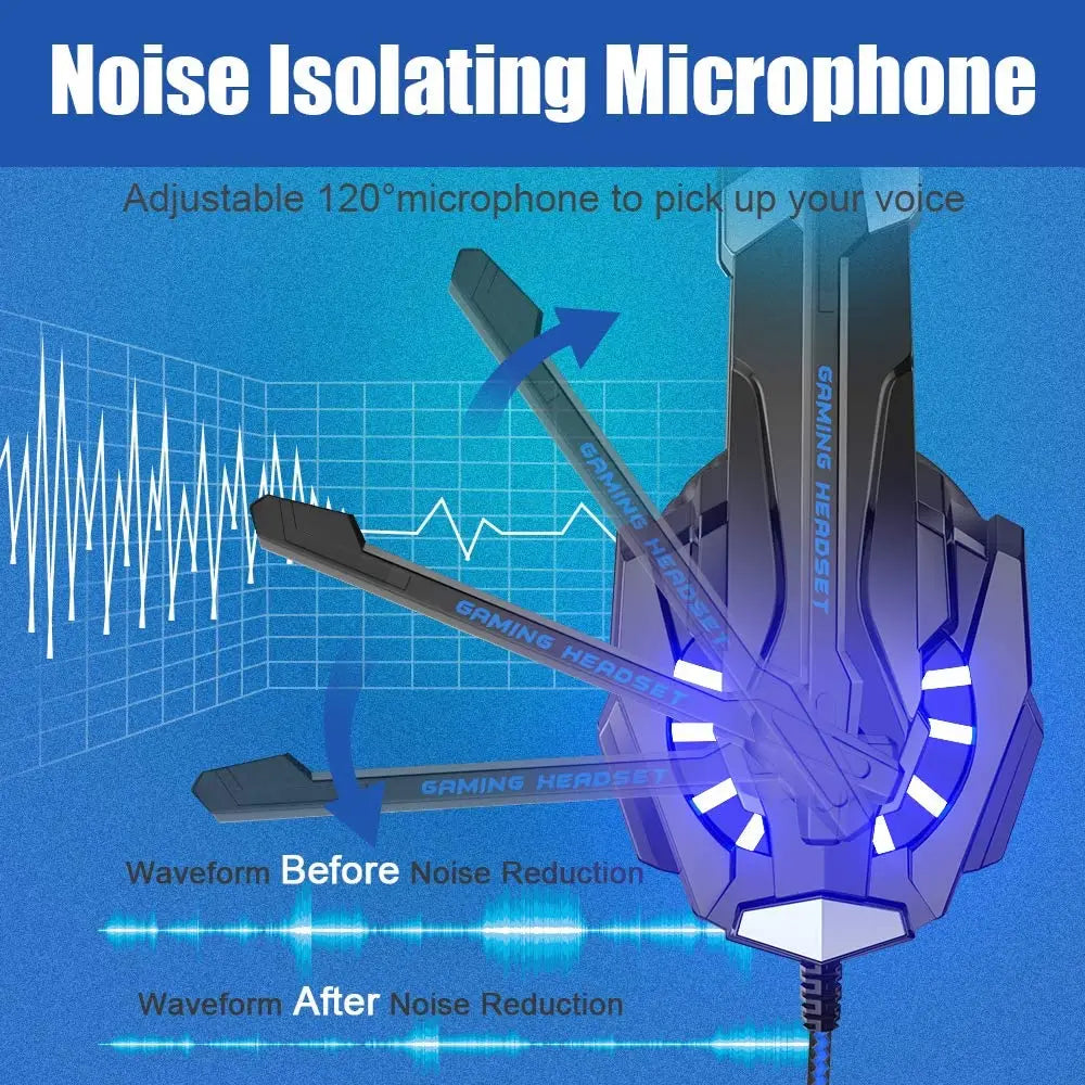 Gaming Headset Stereo Deep Bass Headphone with Microphone LED Light for PS4/PC/Laptop/Phone Gamer