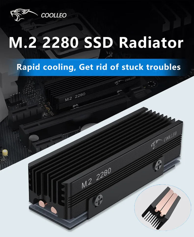COOLLEO M.2 2280 SSD Heat sink with 14.8W/MK Thermal Pad 2 Heat Pipes Solid State Drive Radiator For M.2 NVMe 2280 SSD Cooler