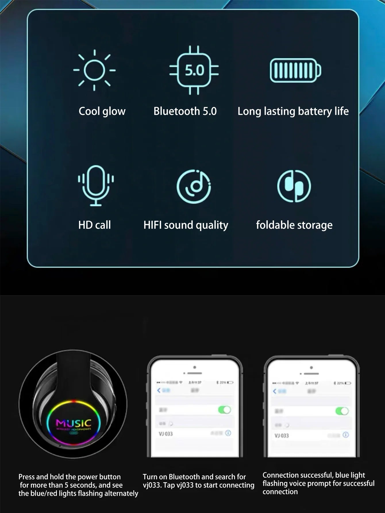 Wireless Bluetooth 5.0 Headphone With Microphone On-Ear Headset Stereo Sound Earphones Sports Office Foldable Headphones Game