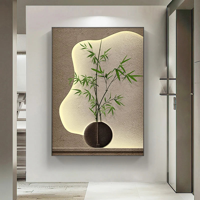 Large Simple Japanese Bamboo Wall Art with Light and Shadow Texture Modern Canvas Decor, Bedroom Minimalist Wall Art No Frame