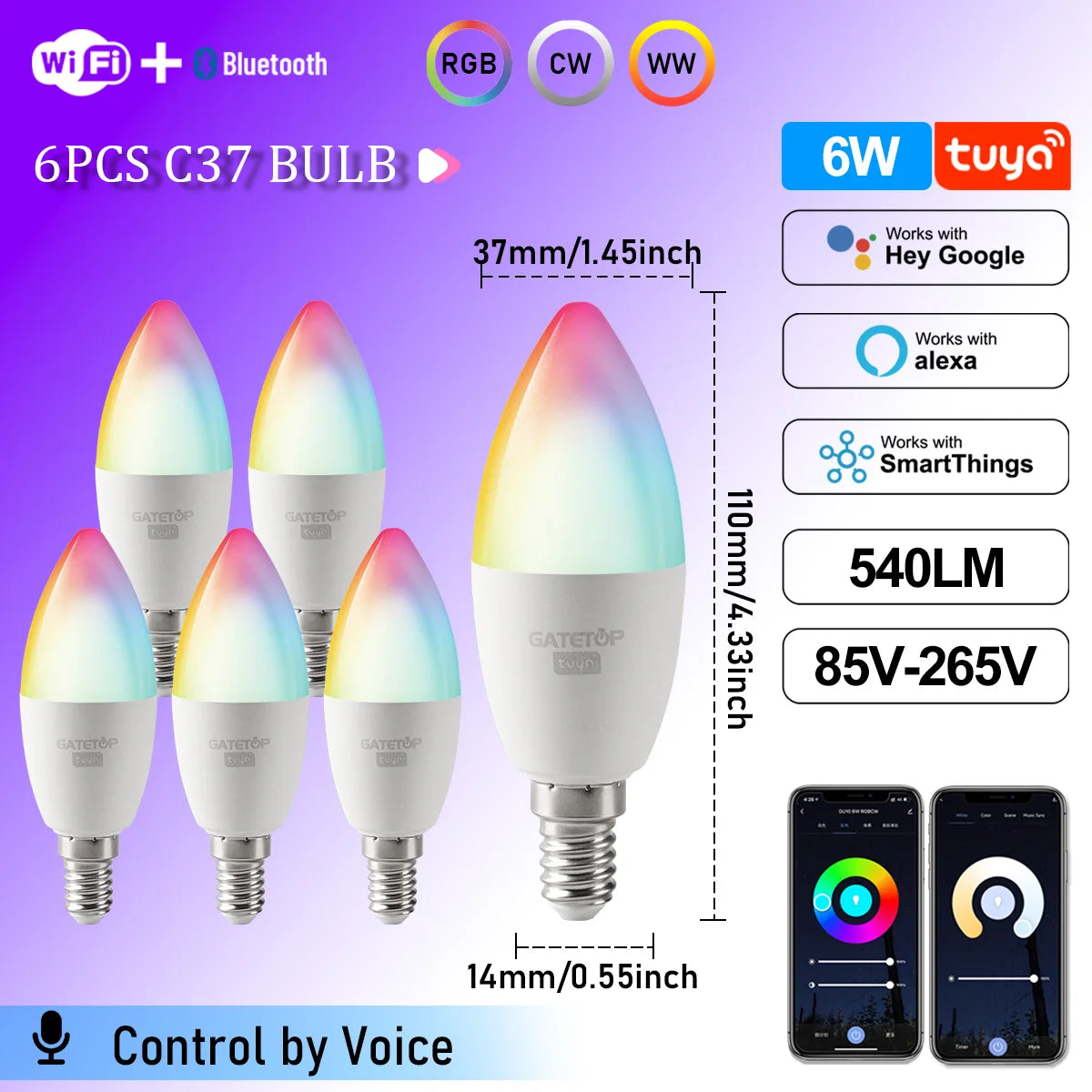 1-10PCS LED Candle Tuya Bulb WiFi E14 Smart RGB CW AC 85-265V 6W LED Lamp C37 Bulbs App Voice Control Support Alexa Google Home