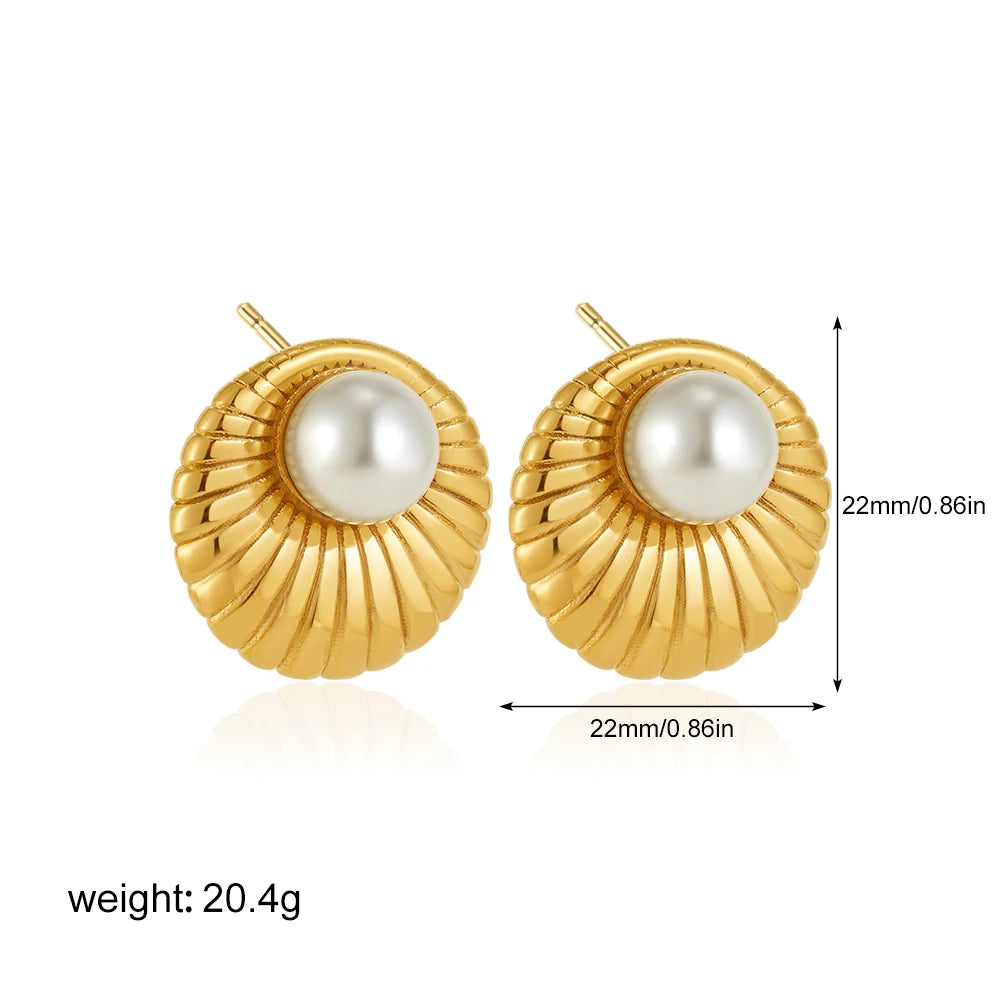 Fashion Stainless Steel Pearl Earrings for Women Texture Geometric Irregular Round Metal Stud Earring Trendy Jewelry Gift
