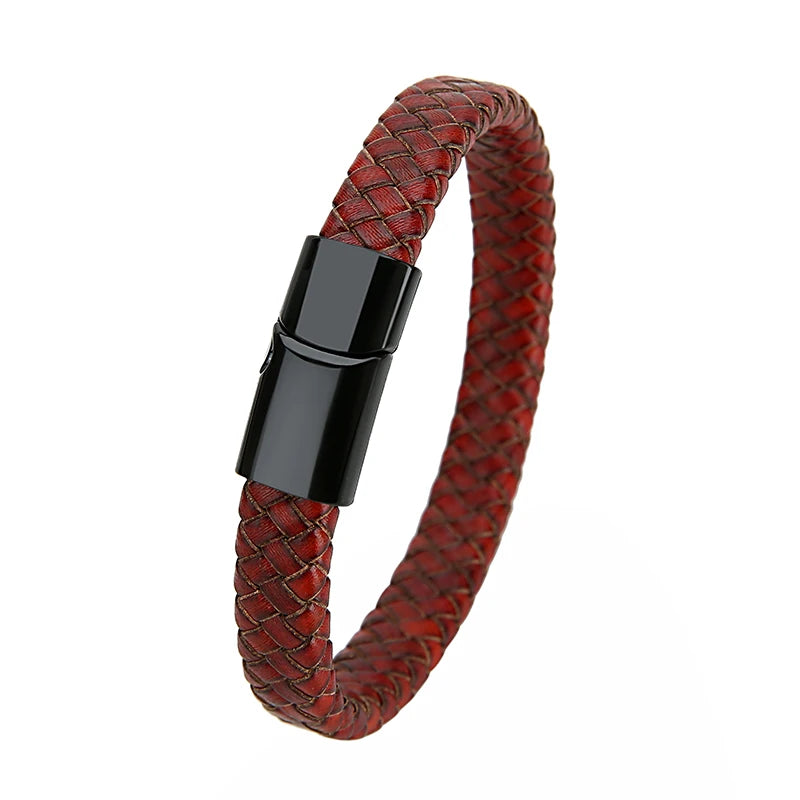 Mibrow Braided Black Leather Men Bracelet 10x5 12x6mm Size Fashion Metal Magnetic Clasp Wrap Bracelets Punk Charm Men Jewelry
