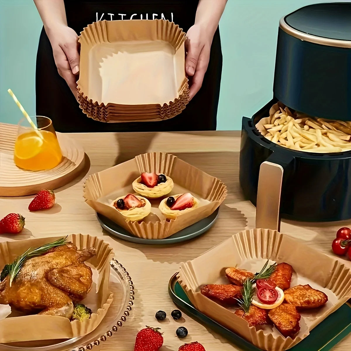 100 non-stick air fryer liners - high-quality single-layer paper with grooved edges, ensuring safe cooking, easy cleaning