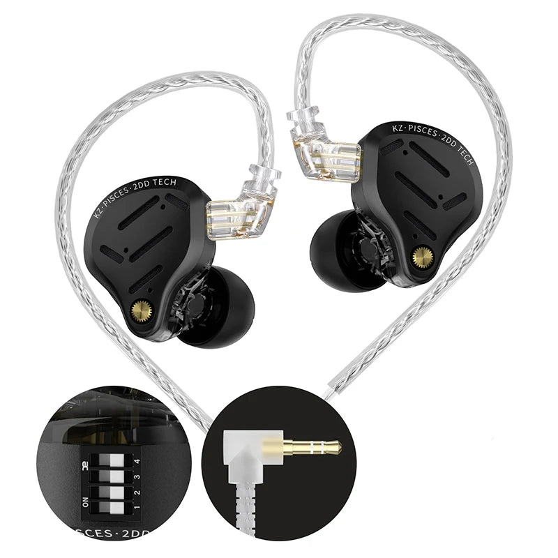 KZ Pisces 2DD Dynamic Drive Earphones Adjustable Earbuds HIFI In Ear Wired Gaming Earphones 2PIN 3.5MM Type-c Plug Cable
