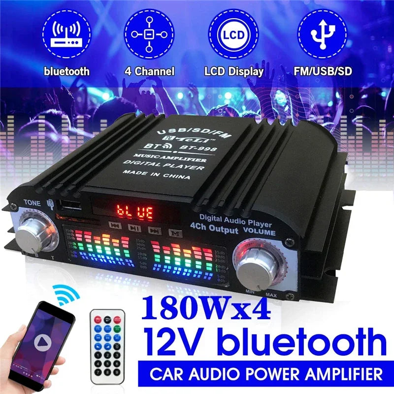 12V/220V Mini Bluetooth HiFi Power Amplifiers Stereo Car Home Audio Digital Sound Amplifier LCD Display FM SD USB Bass