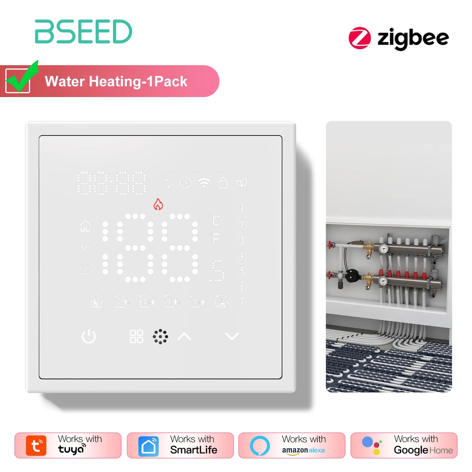 BSEED Zigbee Electric /Water/Gas Boiler Floor Heating Touch Sensor Smart Thermostats Tuya Smart Life Alexa Control Plastic Frame