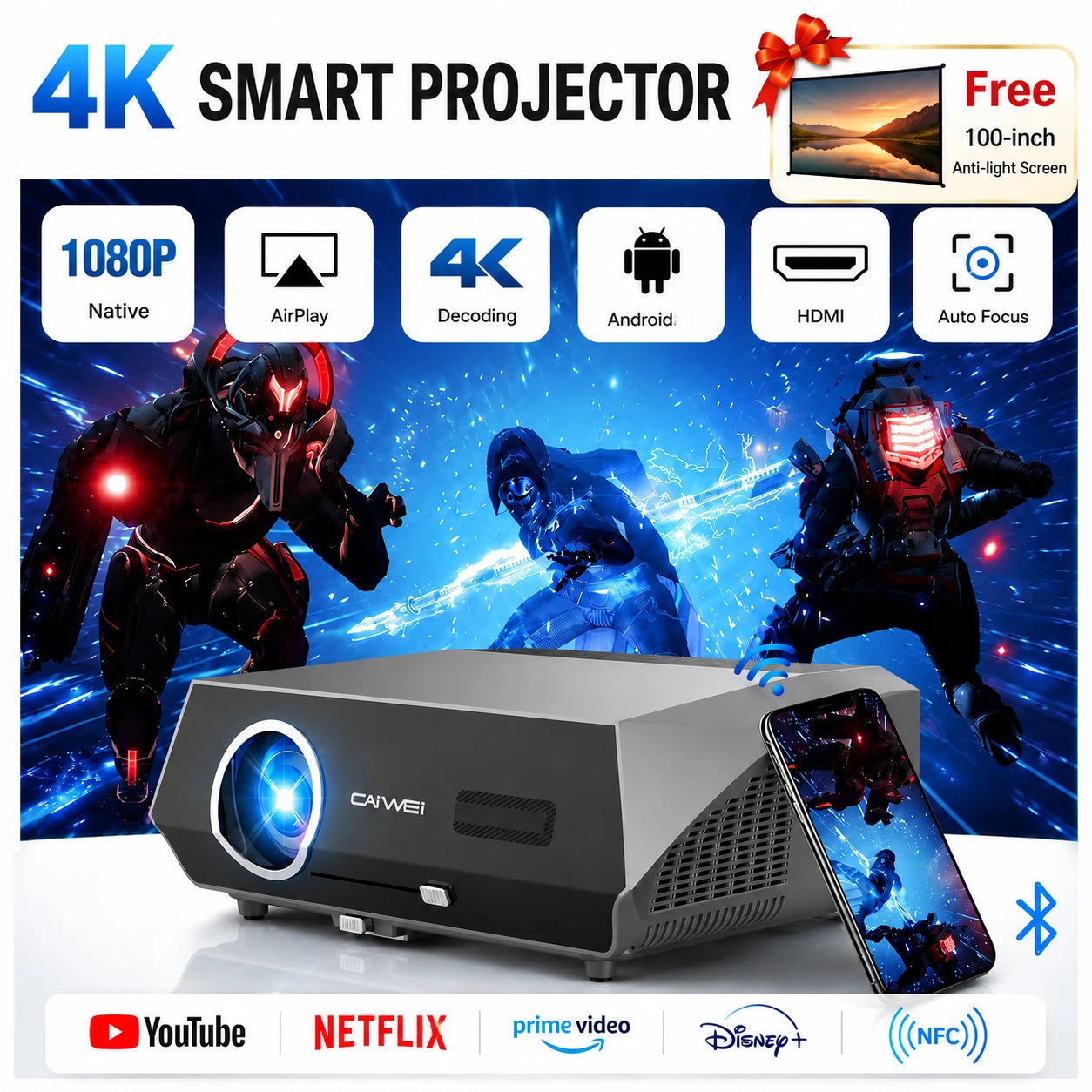 4K auto focus movie projector 3800 ANSI 2.4+5G wifi bluetooth 1080P full hd HDR android tv video daytime projector home theater