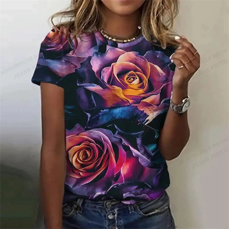 Golden Rose 3d Printed Tshirt Pretty Women's Clothing Female Harajuku Floral Print Tops Tees Ladies O-Neck Short Sleeve T Shirt