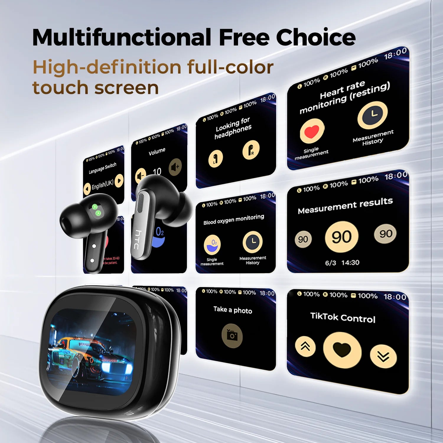 Bluetooth Headphones HTC Wireless Earphones Full HD LCD Display Earpiece Noise Canceling Earbuds Comfortable for Music Sport