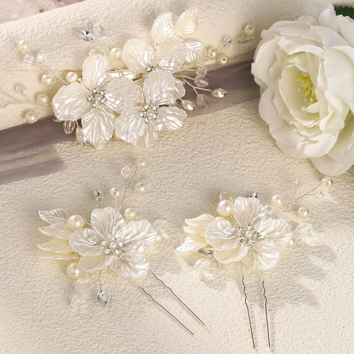 3pc Luxury Acrylic Flower Hair Clip & Pin Set Bridal Wedding Exquisite Jewelry Hair Accessories Handmade Pearl HairClip For Girl