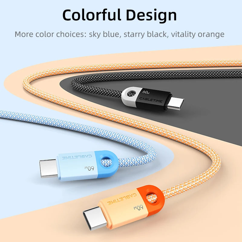 CABLETIME USB C to USB C Cable 60W 480Mbps Fast Charging Cable 3A Braided Type C to Type C Cable for Moble Phone Laptop HUAWEI