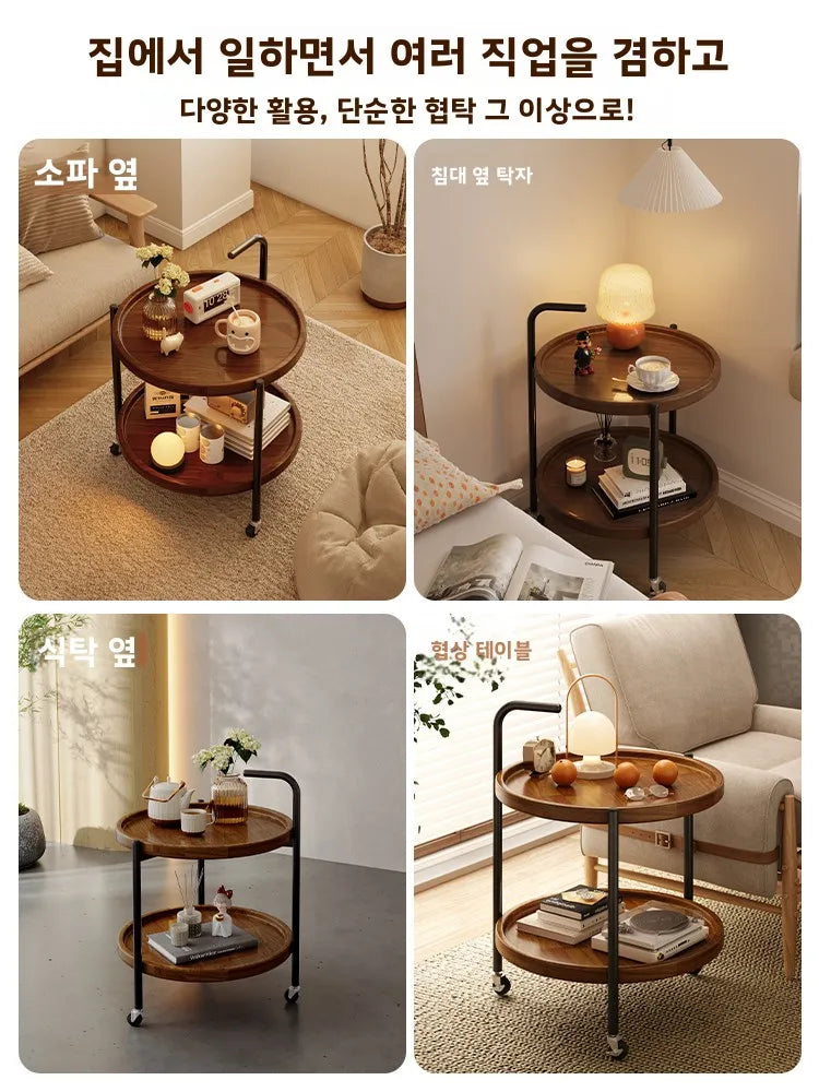 Solid Wood Rolling Cart Table Movable Side Wheels Compact Wooden Tea Trolley Living Room Portable Coffee Bedroom Bedside Storage