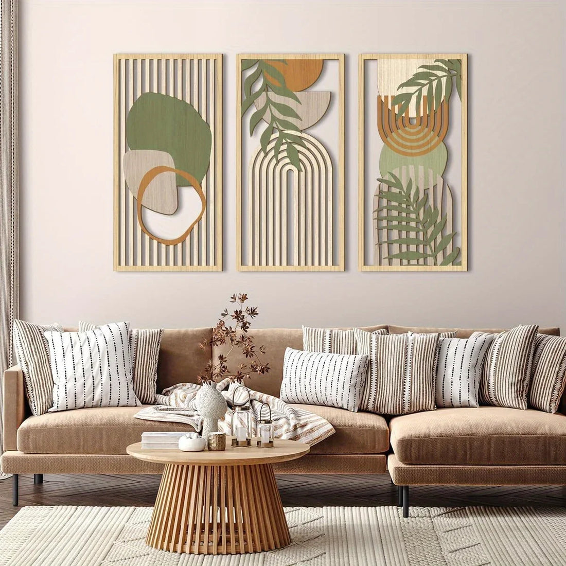 3PCS Sage Green Abstract Wooden Wall Art, Geometric Wood Wall Sculptures, Modern Artwork Neutral Wall Decor