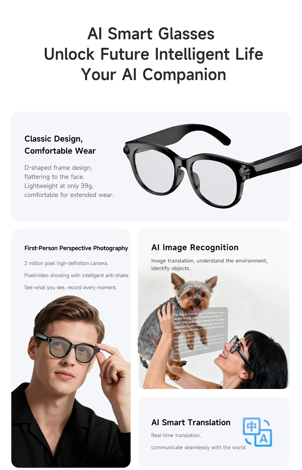 AI Smart Glasses Real-time Translation Dual Camera Bluetooth Call Sunglasses Shoot Audio Video Music Player Multifunctional Men
