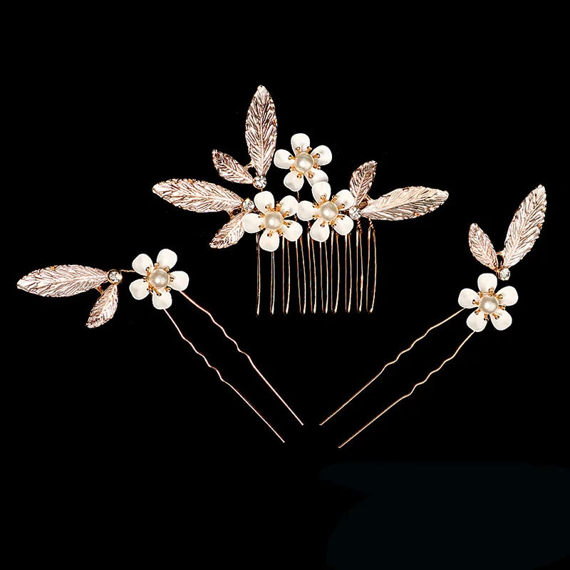 Luxury Pearls Wedding Flower Hair Comb Bride Hair Pins Clips Set Cute Hair Fork Headpieces for Women Jewelry Gift Hair Accessory