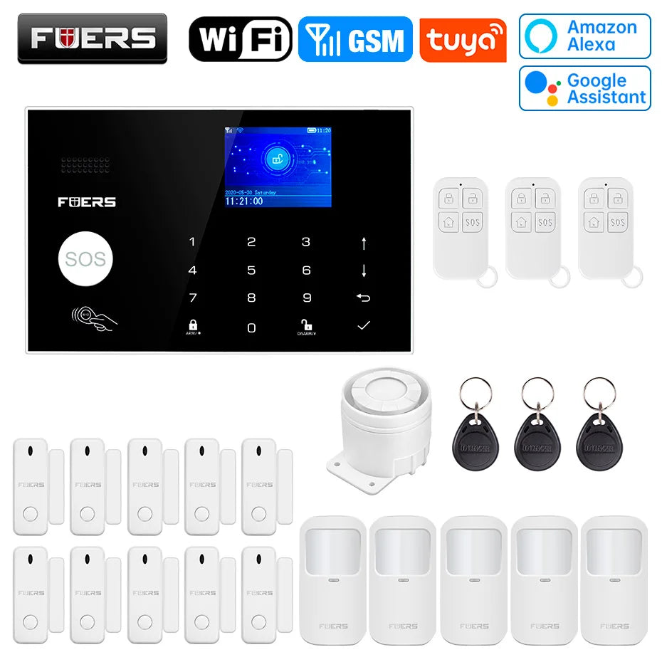FUERS WIFI GSM Alarm System Wireless Home Burglar Security Alarm System Tuya APP Control Siren Motion Detector PIR Smoke Sensor