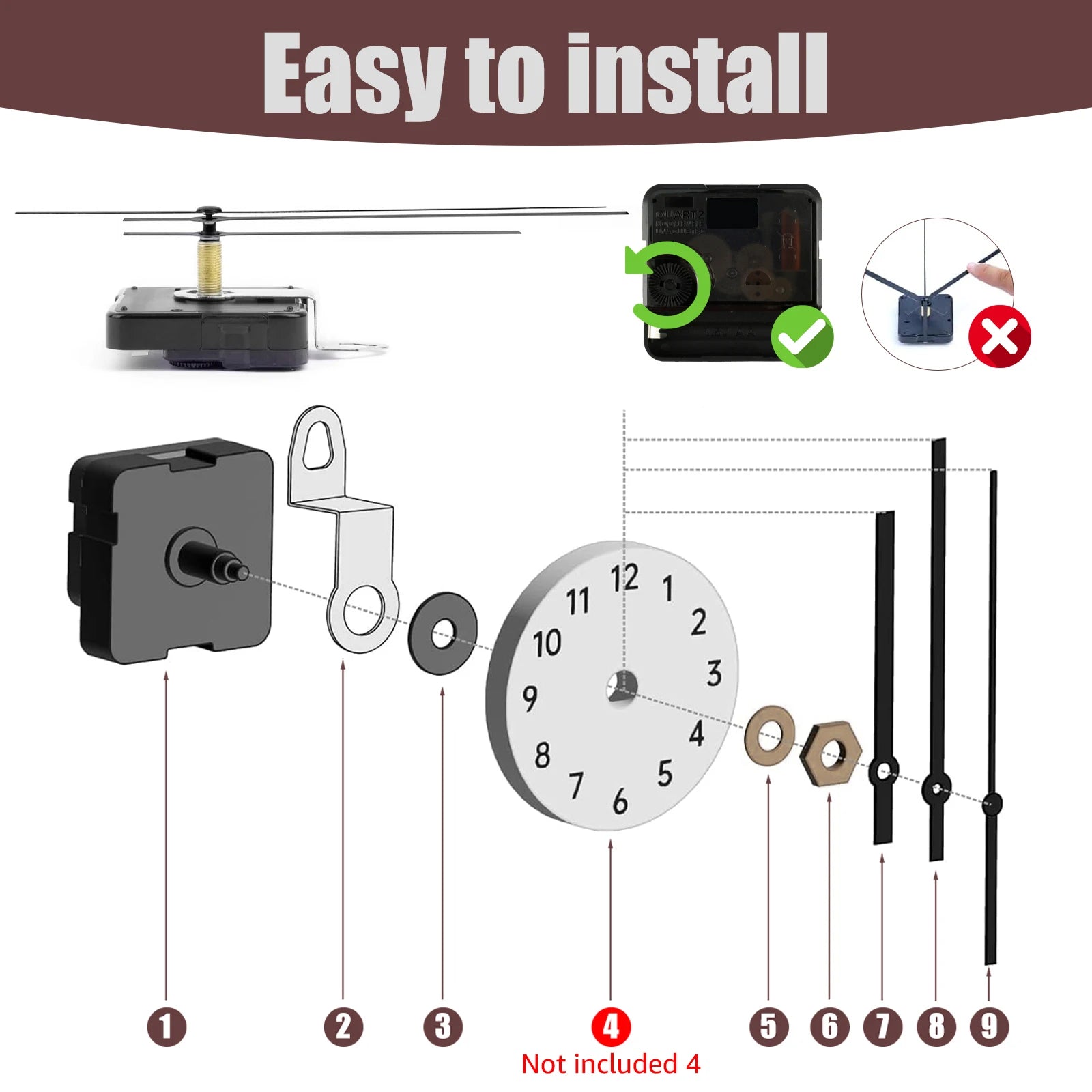 Clock Movement Mechanism with 10 Styles Aluminium Clock Hands DIY Quartz Wall Clock Battery Powered Silent Quartz Clock Movement