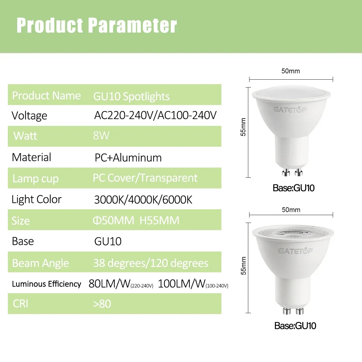 10PCS LED Spotlight Bulb GU10 AC220V 110V 8W 120/38 Degree Beam Angle High Lumen Indoor LED Energy Saving Lights Bulb