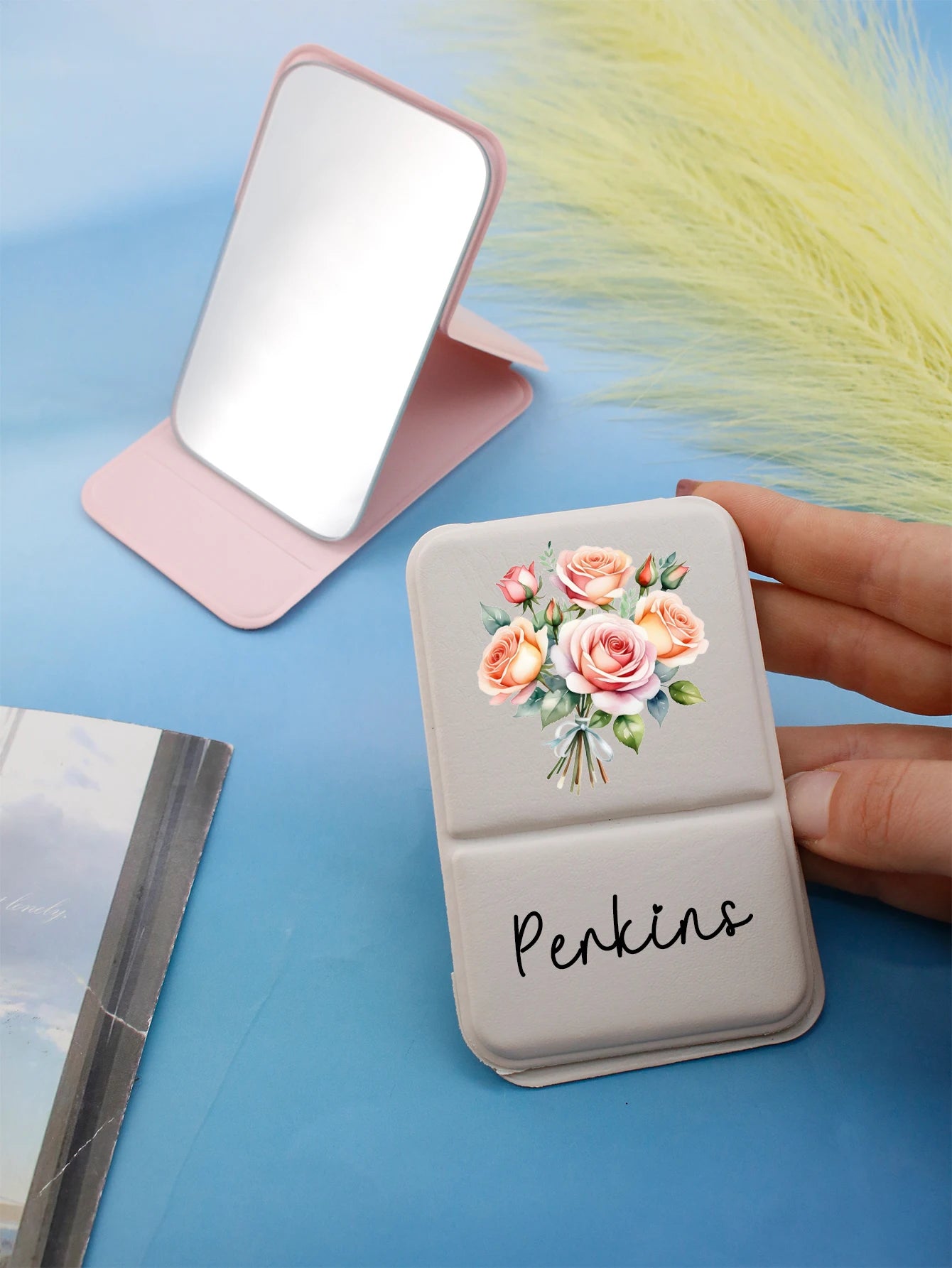 Custom Birth Flower Makeup Pocket Mirror,Personalized Name Stand-Up Folding Mirror,Customizable Travel Makeup Mirror,