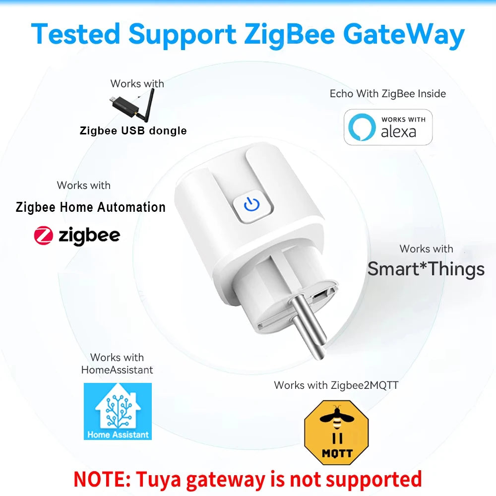 Home Assistant Zigbee EU Smart Plug 20A/16A Smart Socket With Power Monitoring Timing Function APP Control Works with Alexa Z2M