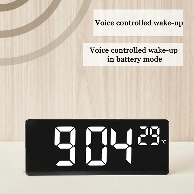 Electronic Clock Voice Control Digital Alarm Clock Temperature Desktop Table Clock Night Mode 12/24H LED Clock Watch Desk