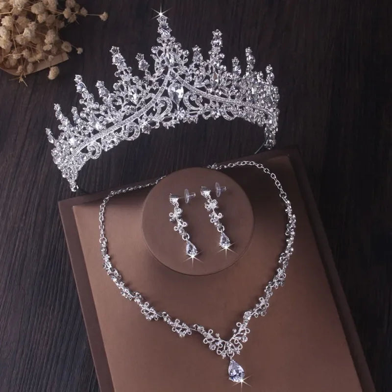 Bridal Headwear Luxury Silver-Color Crystal Water Drop Rhinestone Tiara Necklace Earrings Wedding 4 Pcs Jewelry Set