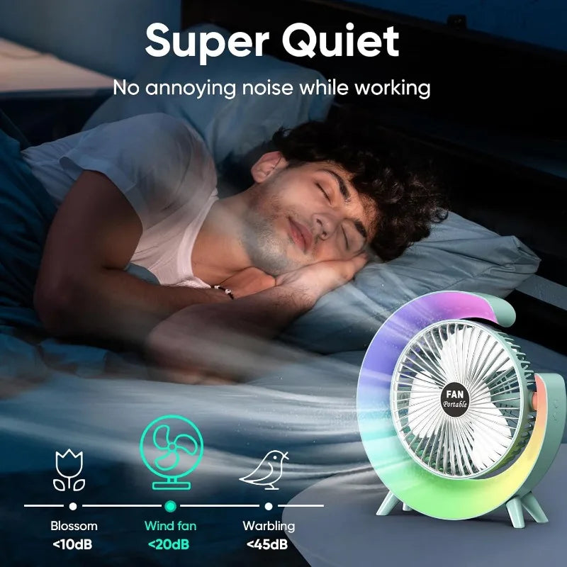 5 Inch Portable Desk Fan with LED Light 3 Speed Silent Fan USB Rechargeable Battery Powered for Home Office Outdoor Camping