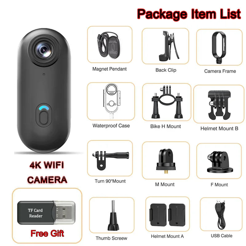 Magnetic 4K Mini Action Camera HD 1080P WiFi Wireless Body Mount POV Holder Bodycam Vlogging Motorcycle Helmet Sports Video Cam