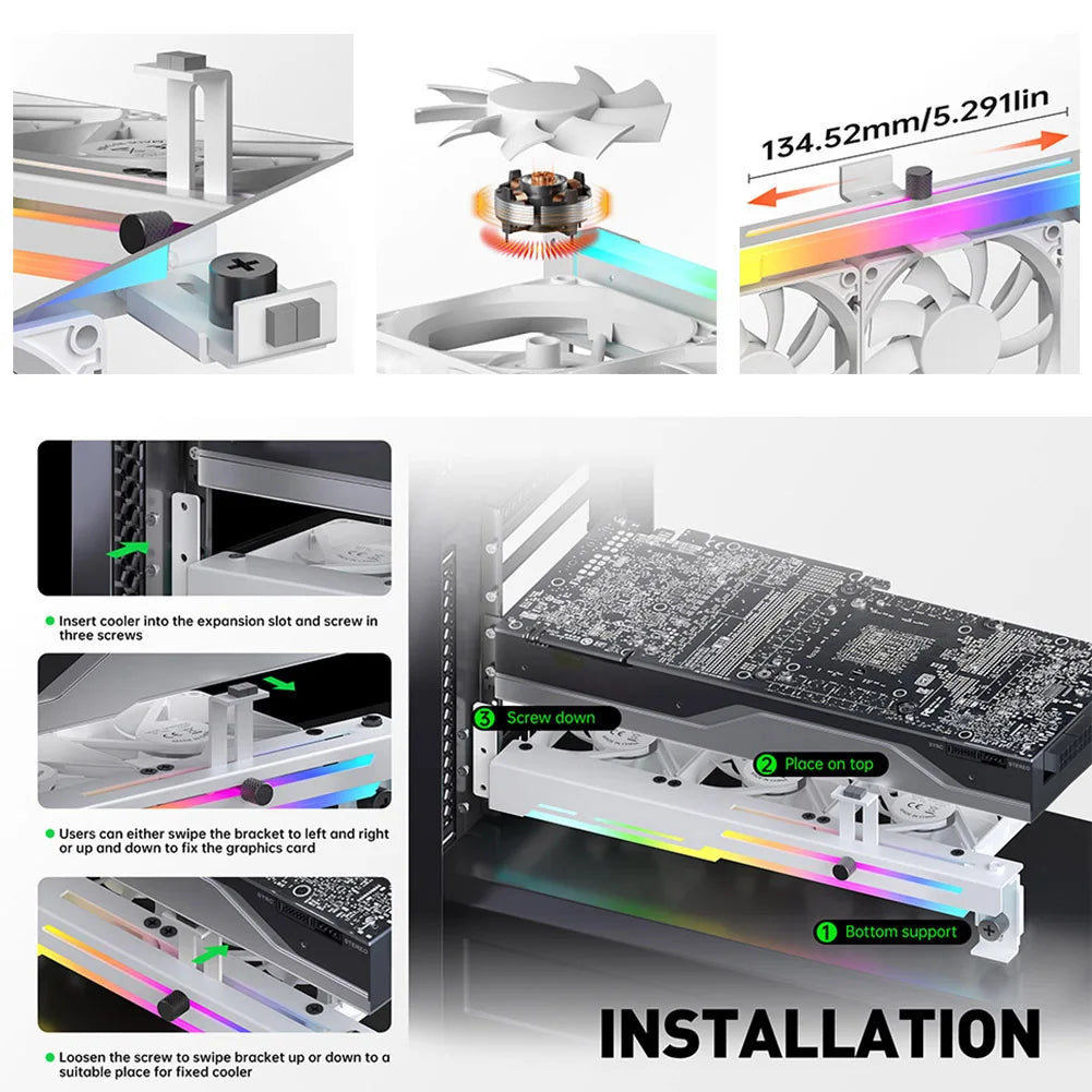 GCC-PRO Graphics Card Radiator Holder PC Cooling Fan 5V 3Pin ARGB Horizontal GPU Video Card Stand 1800RPM Cooling Fan for PC
