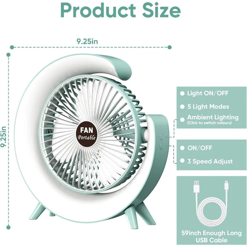 5 Inch Portable Desk Fan with LED Light 3 Speed Silent Fan USB Rechargeable Battery Powered for Home Office Outdoor Camping