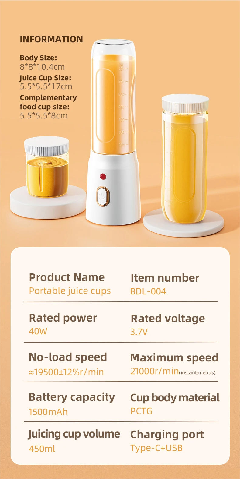 500ML Portable Electric Blender 40W USB Rechargeable Cordless Juicer High Powerful Juicer Cup For Smoothie Milkshake Juice Food