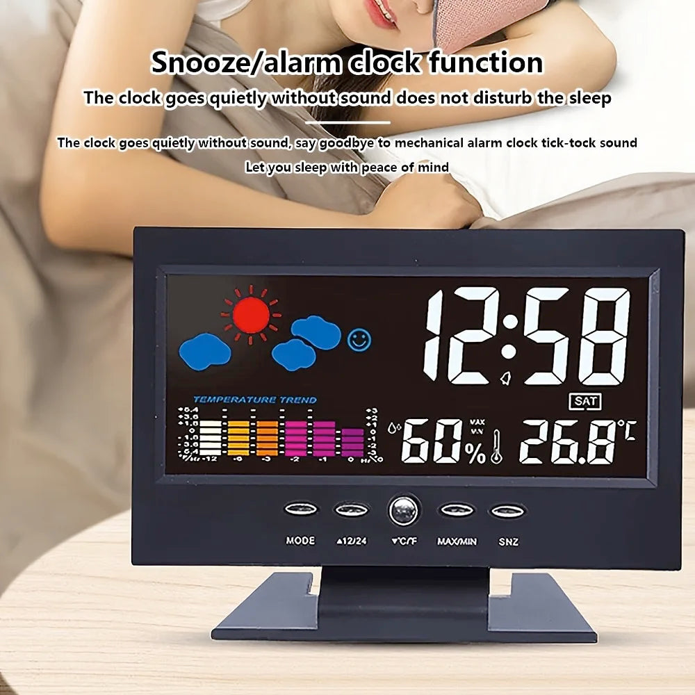 Weather Clock With Time Date Week Temperature Humidity Display Weather Forecast Function With Voice-activated Backlight Function